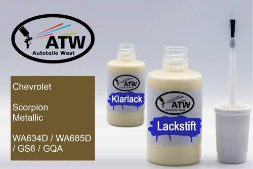 Chevrolet, Scorpion Metallic, WA634D / WA685D / GS6 / GQA: 20ml Lackstift + 20ml Klarlack - Set, von ATW Autoteile West.